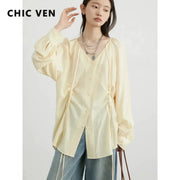CHIC VEN cream lace-up shirt with V-neck, puff long sleeves, loose fit and front buttons