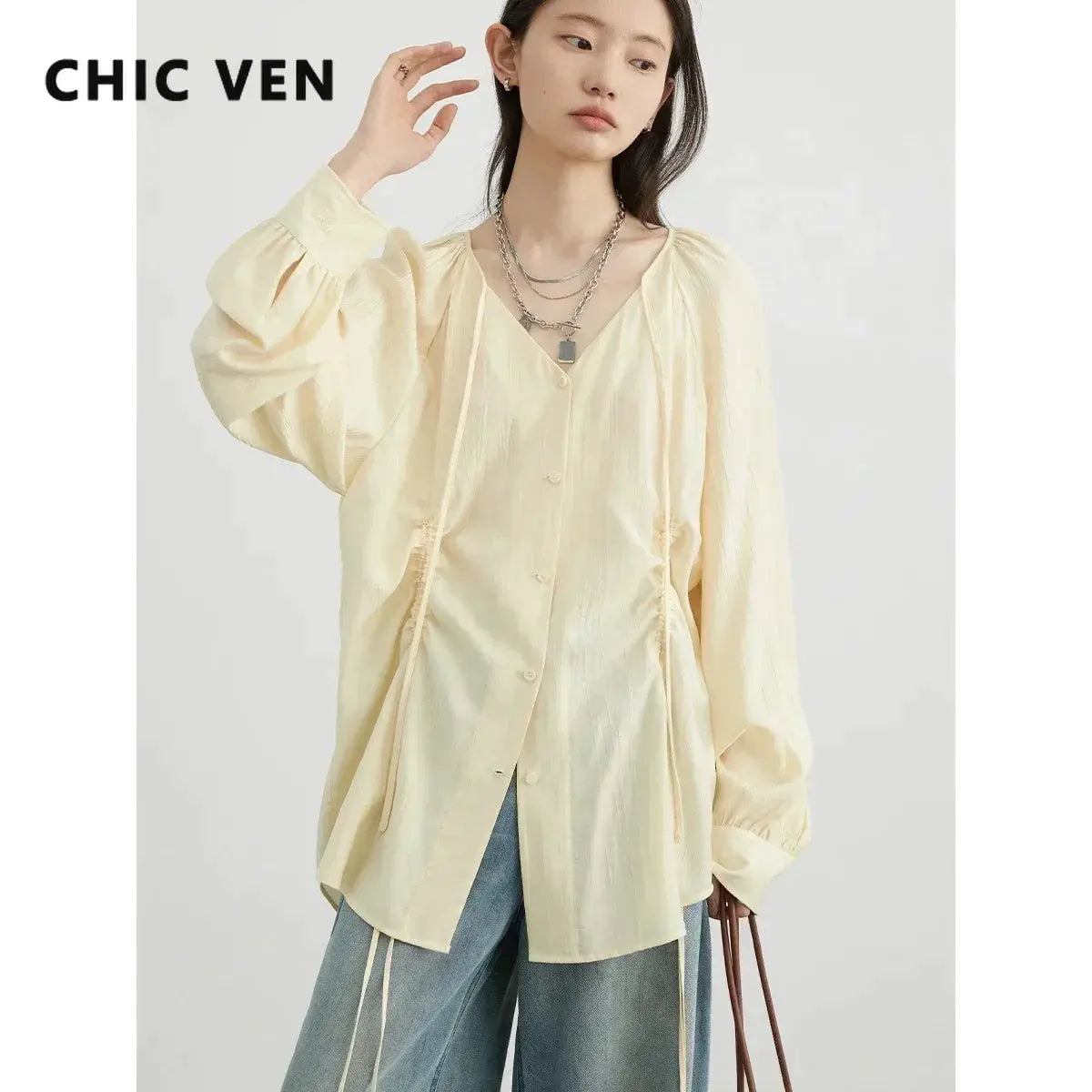 CHIC VEN cream lace-up shirt with V-neck, puff long sleeves, loose fit and front buttons