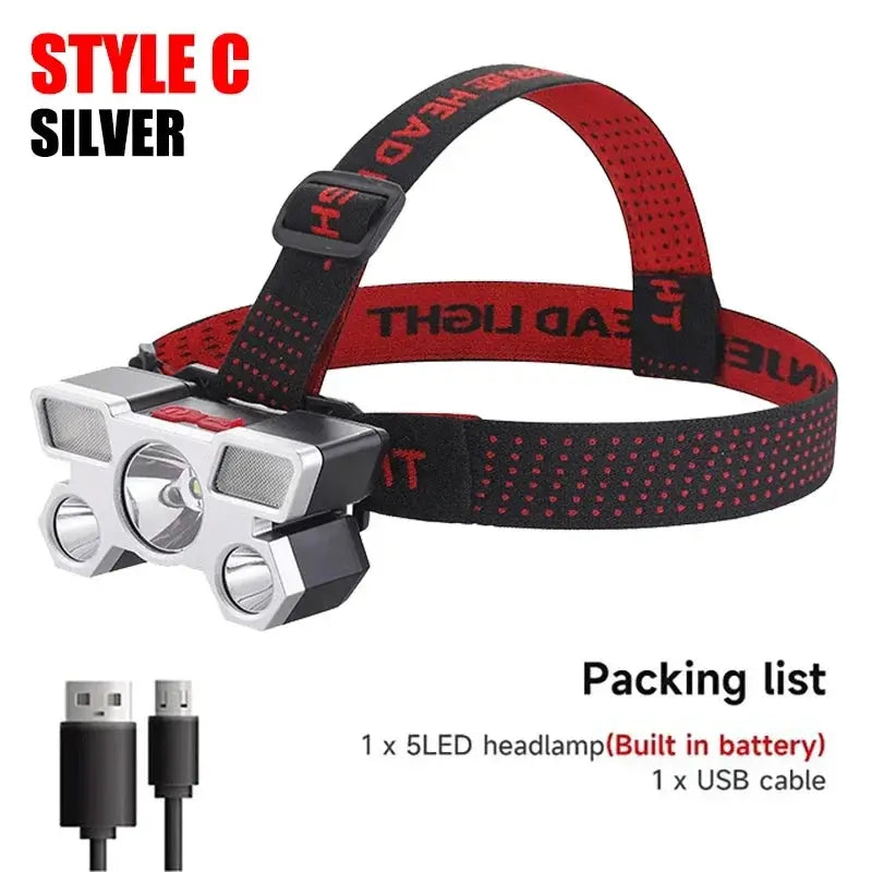TrailBright 5 LED Rechargeable Headlamp With Built In Battery And USB Charging Waterproof For Outdoor Adventures