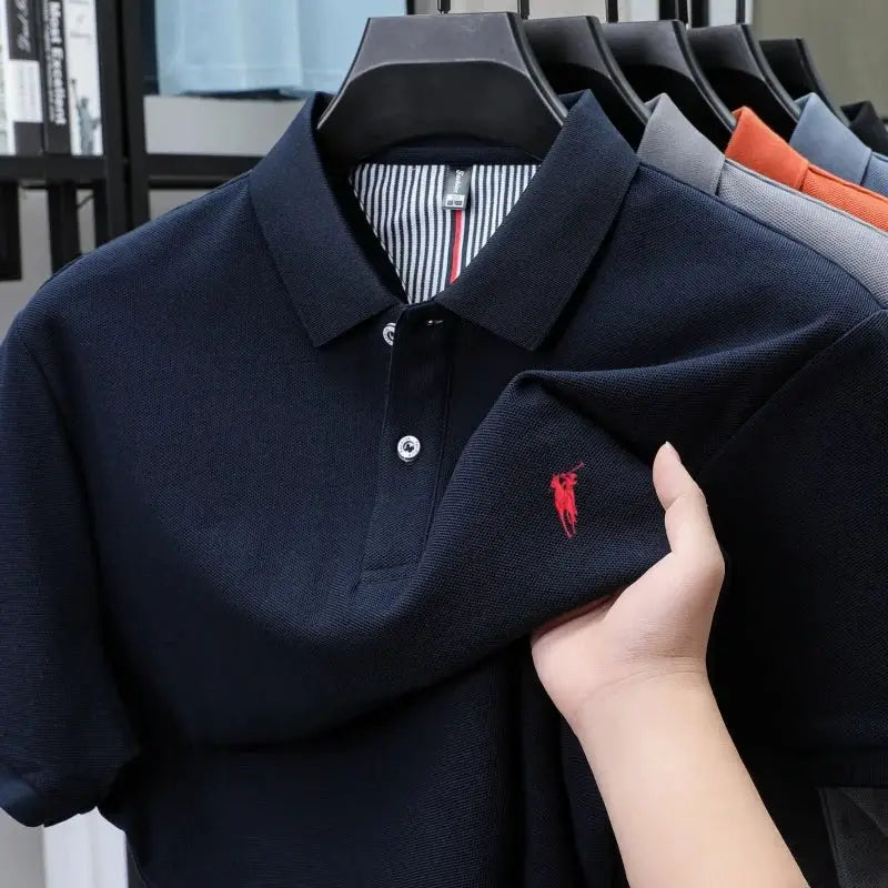 Polo shirt navy 100% cotton with red embroidered pony logo