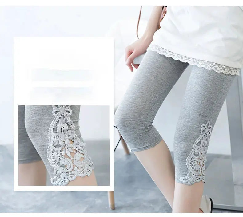 Women’s lace-panel capri leggings in grey, 3/4 length with floral side lace, modal stretch fabric