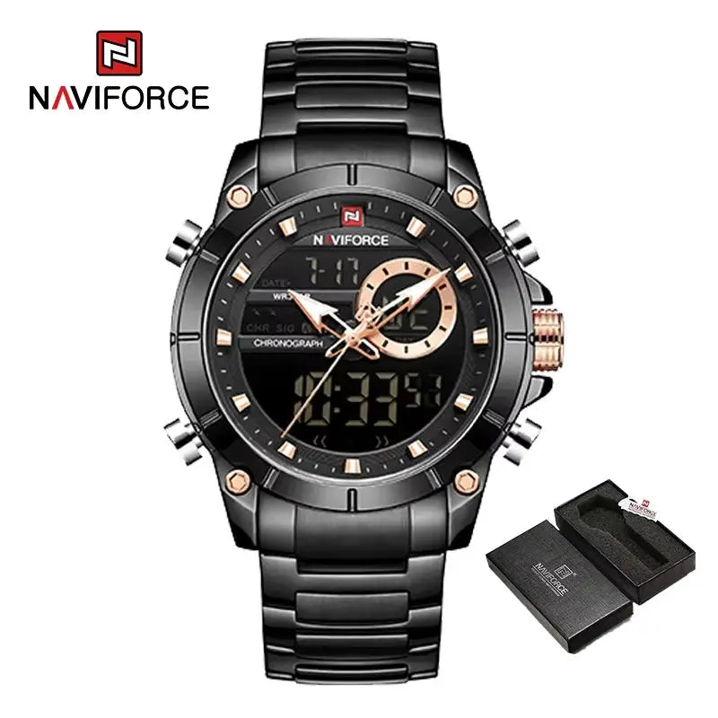 Naviforce 9163 Luxury Sport Mens Wristwatch With Dual Analog Digital Display Stainless Steel Water Resistant