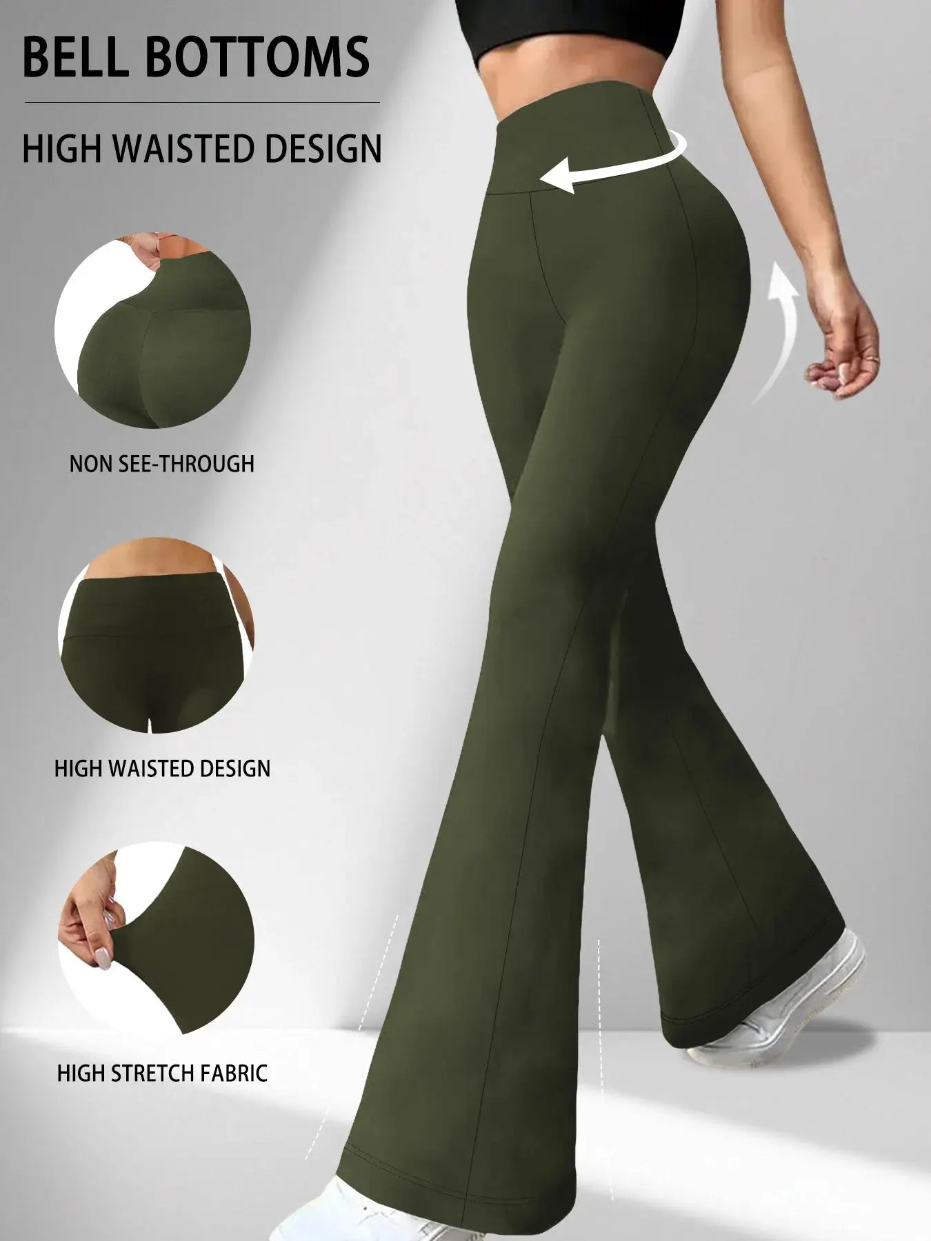 Simples Market Women's olive-green high-waisted flare pants; tummy-control, bell-bottom yoga leggings, high-stretch fabric