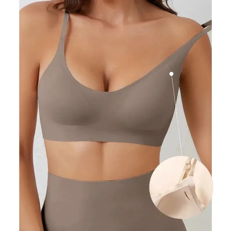 Simples Market soft support seamless bra in taupe, wireless, breathable