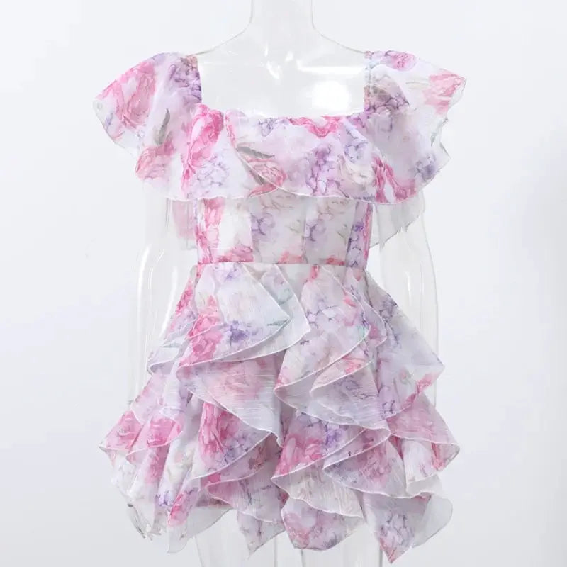 Floral Printed Backless Mini Dress Sleeveless A Line Party Clubwear
