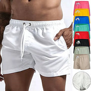 Men's white quick-dry swim shorts with drawstring and pockets