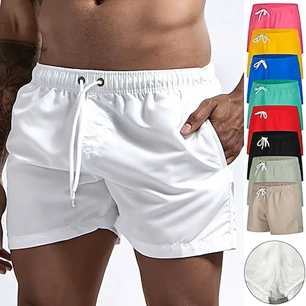 Men's white quick-dry swim shorts with drawstring and pockets