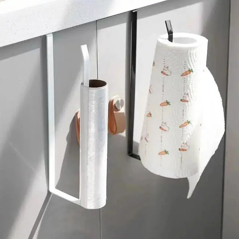 Paper Roll Holder Towel Rack Cling Film Storage Damage Free No Punching Installation Hanging Shelf Kitchen And Bathroom