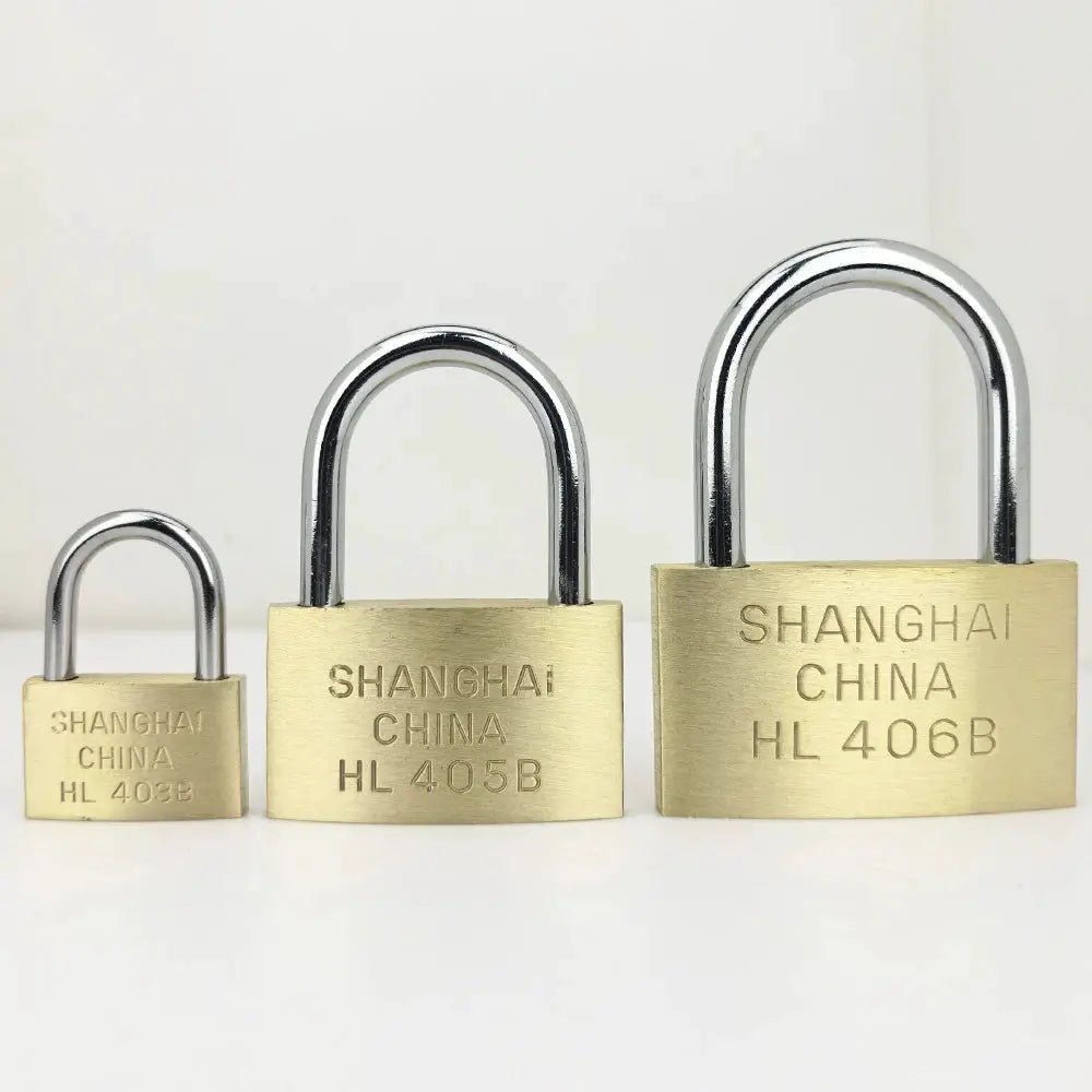 Three brass padlocks with chrome shackles in small, medium, and large sizes.