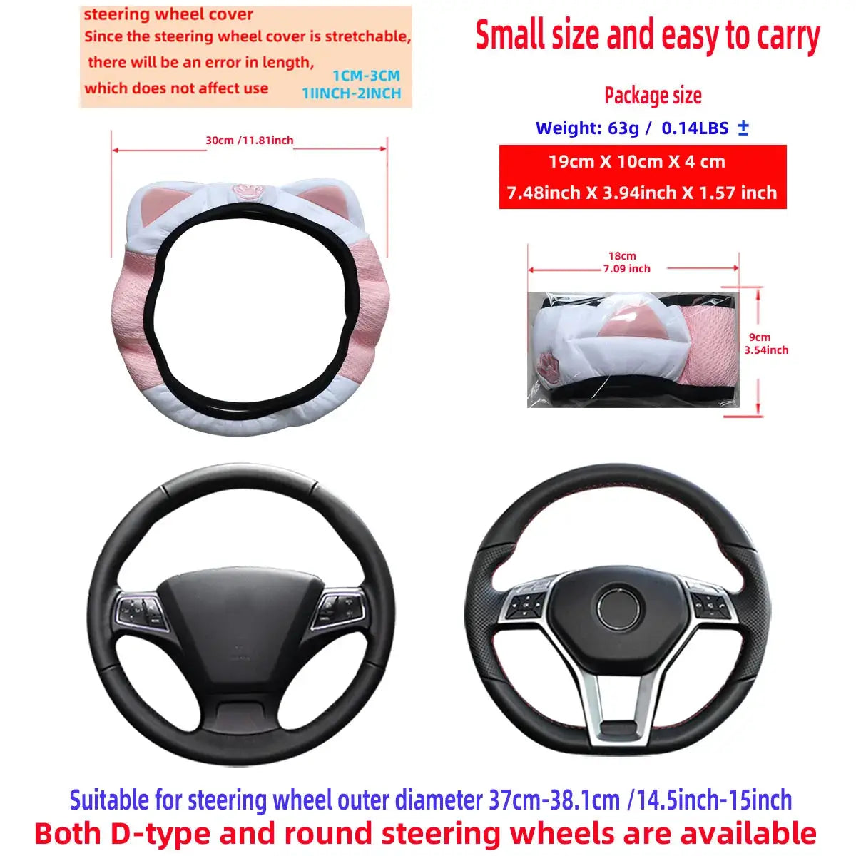 Simples Market cat-ear steering wheel cover, breathable mesh cloth, pink/white, fits 14.5–15 inch wheels