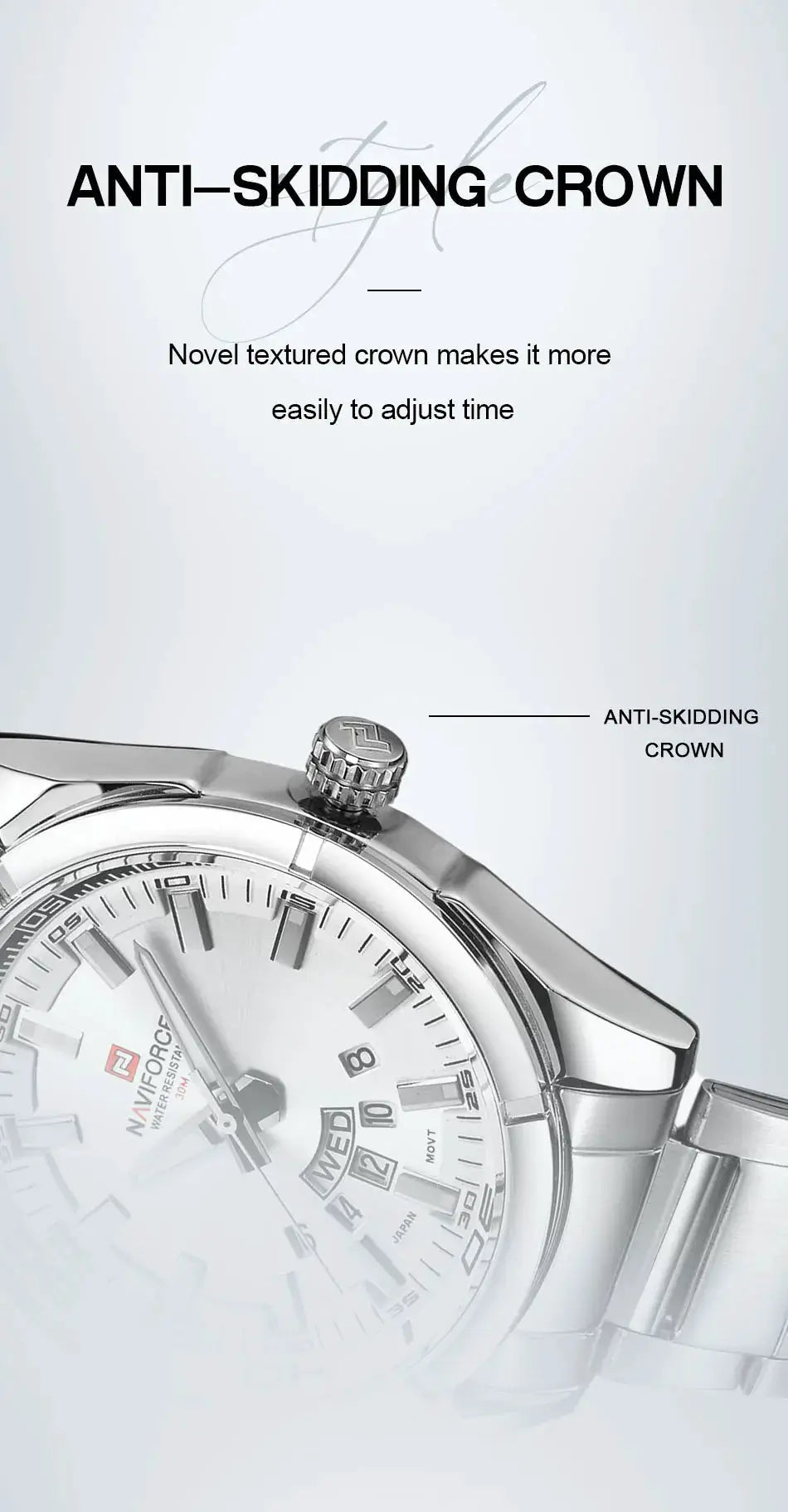 NAVIFORCE men's stainless steel wristwatch with anti-skidding crown