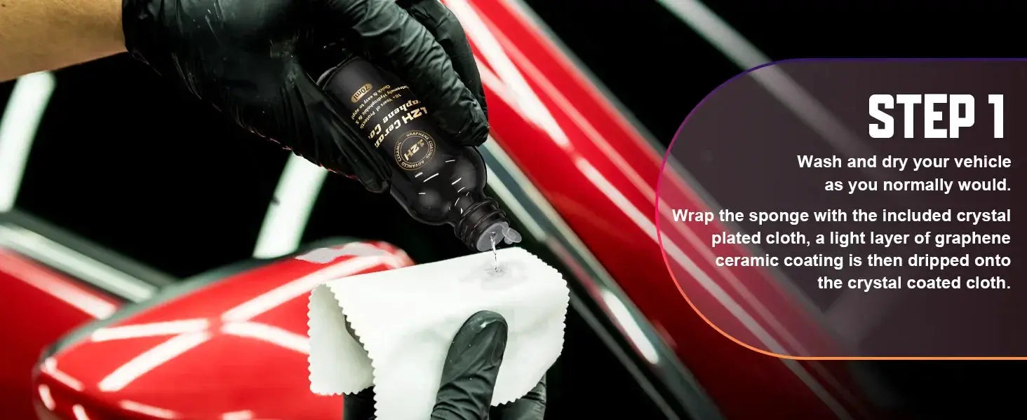 Simples Market graphene ceramic coating 20H being applied to a red car with a microfiber cloth (Step 1)