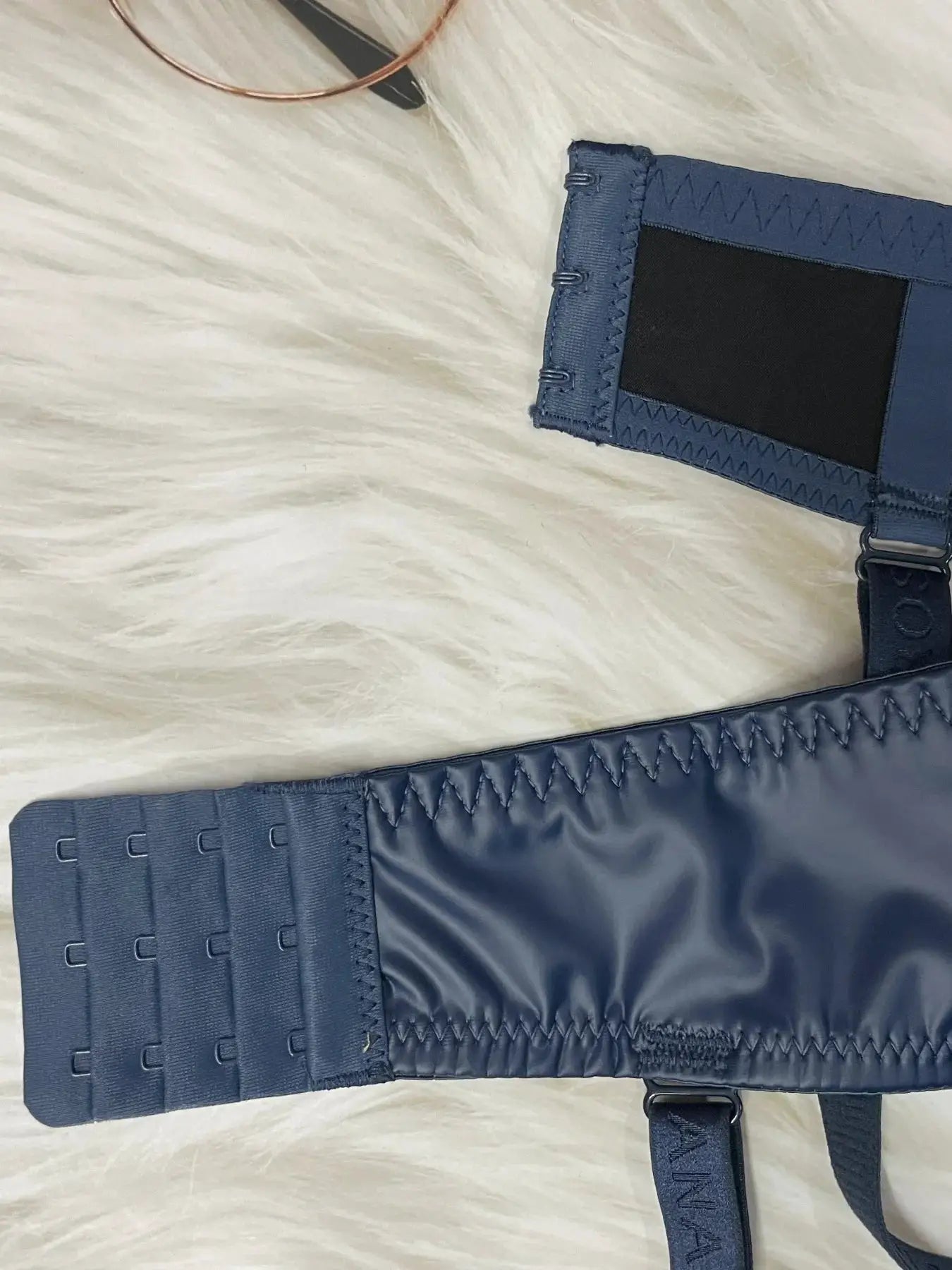 Simples Market blue PU leather bra with back hook closures and stitched trim
