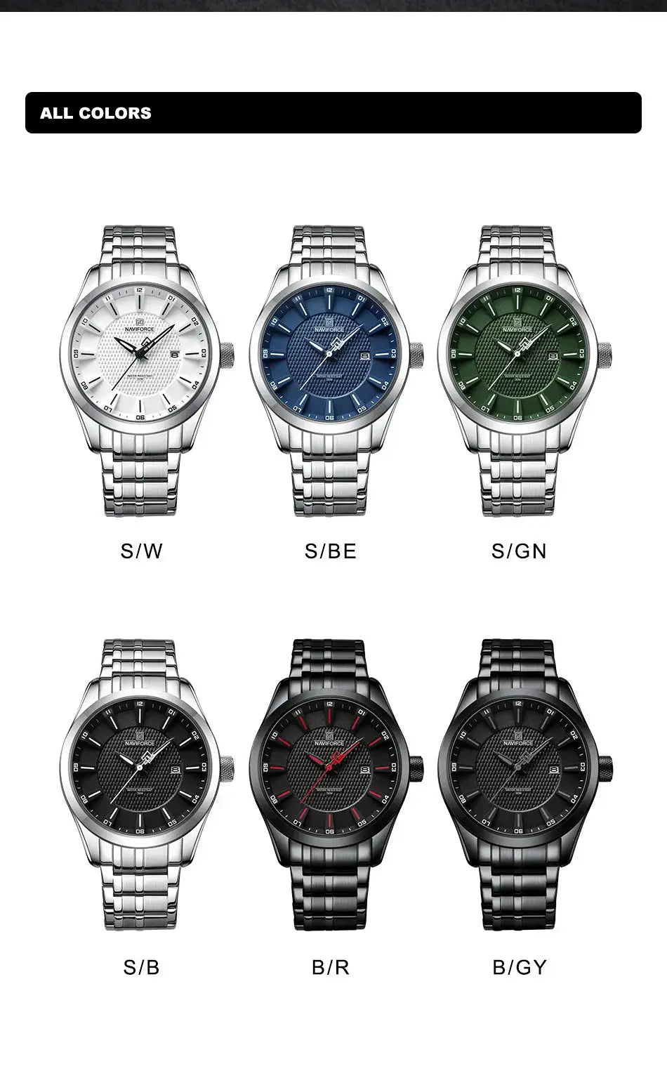 Six NAVIFORCE men's waterproof quartz watches with stainless steel bracelets in multiple colors