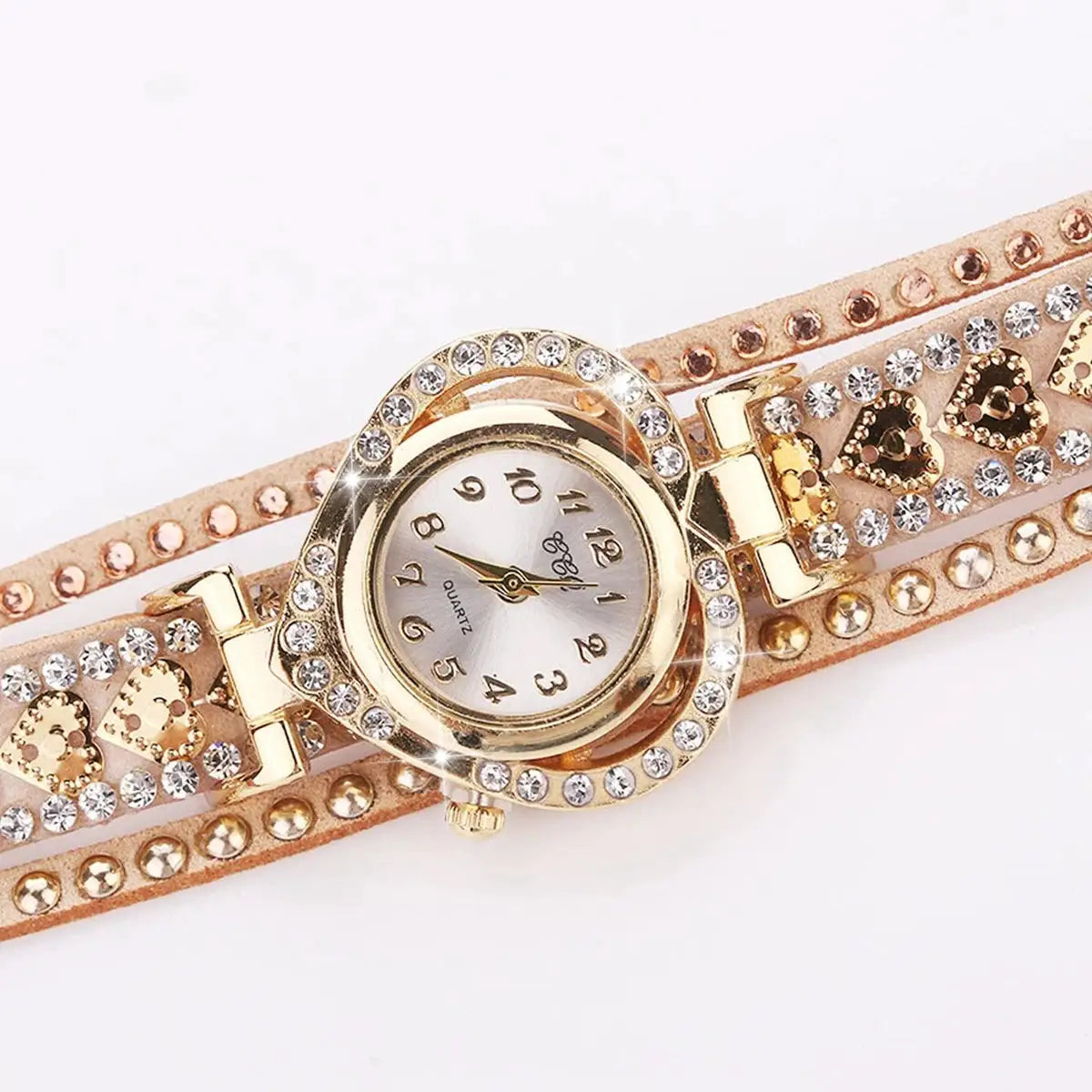 Fashion rhinestone heart-dial women's watch on a long velvet strap, gold-tone with crystals, Simples Market