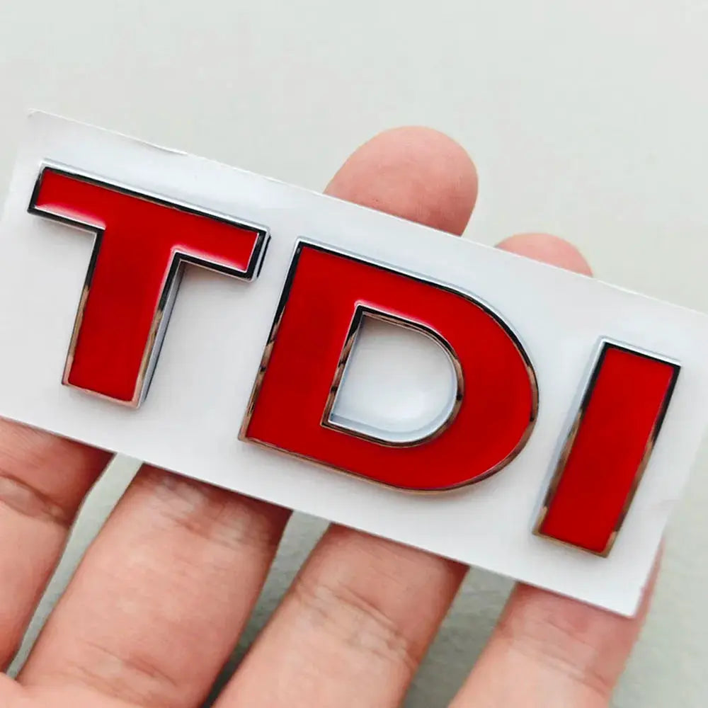 TDI emblem badge for VW cars; 3D red ABS letters with chrome edging on a white backing card