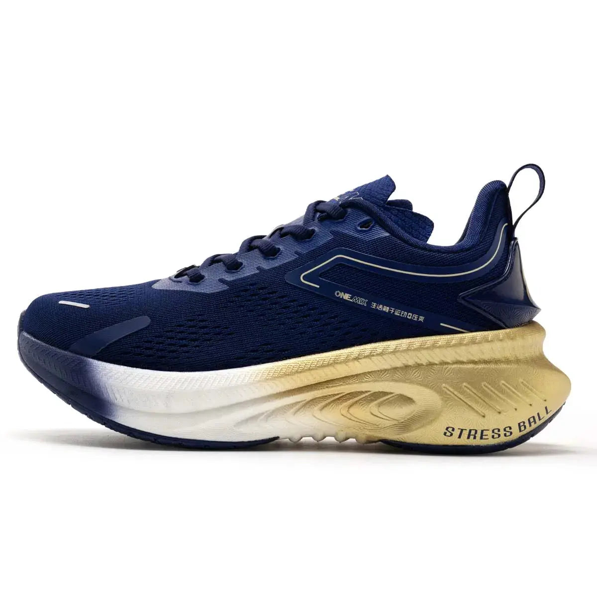ONEMIX breathable mesh running shoes navy blue with gold midsole and pull tab