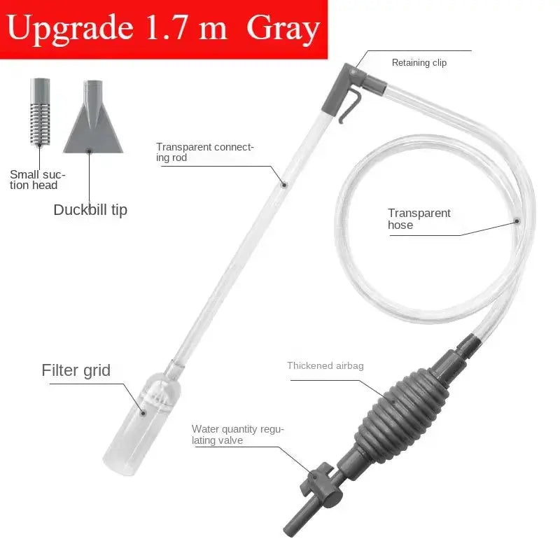 Simples Market fish tank siphon vacuum gravel cleaner with extension tube, transparent hose, filter grid, and airbag.