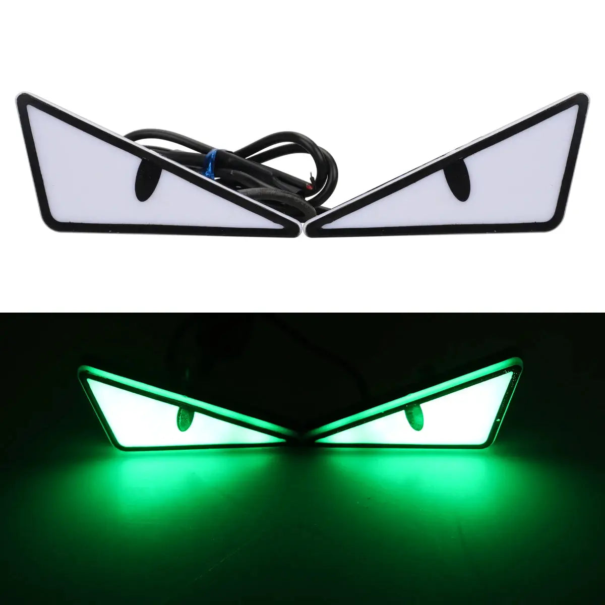 Simples Market universal car LED devil eyes light pair, triangular white panels with black trim and green glow
