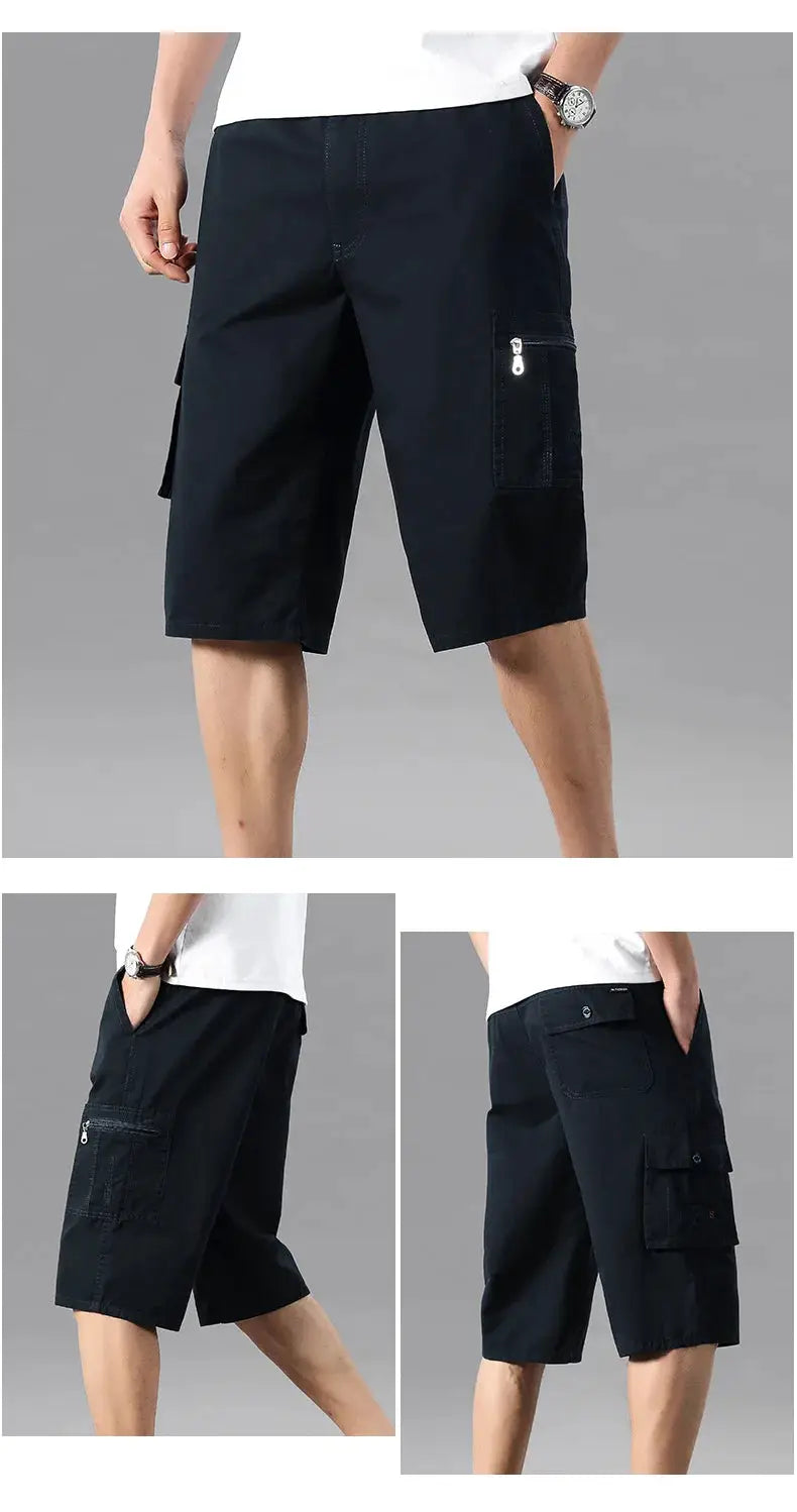 Men's knee-length cargo shorts by Simples Market in navy cotton with zipper pocket and loose straight fit
