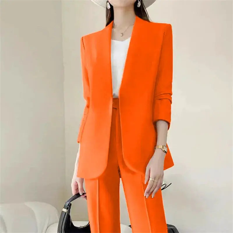 Women's orange 2-piece pantsuit set with blazer and tailored pants