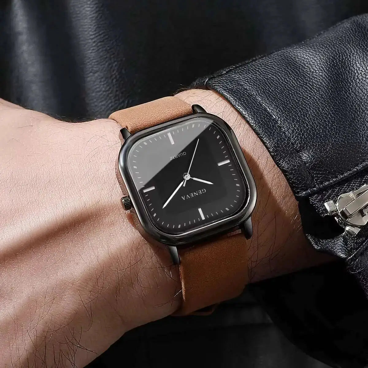 Square Minimalist Mens Quartz Watch With Leather Strap Wristwatch For Casual Wear Without Box