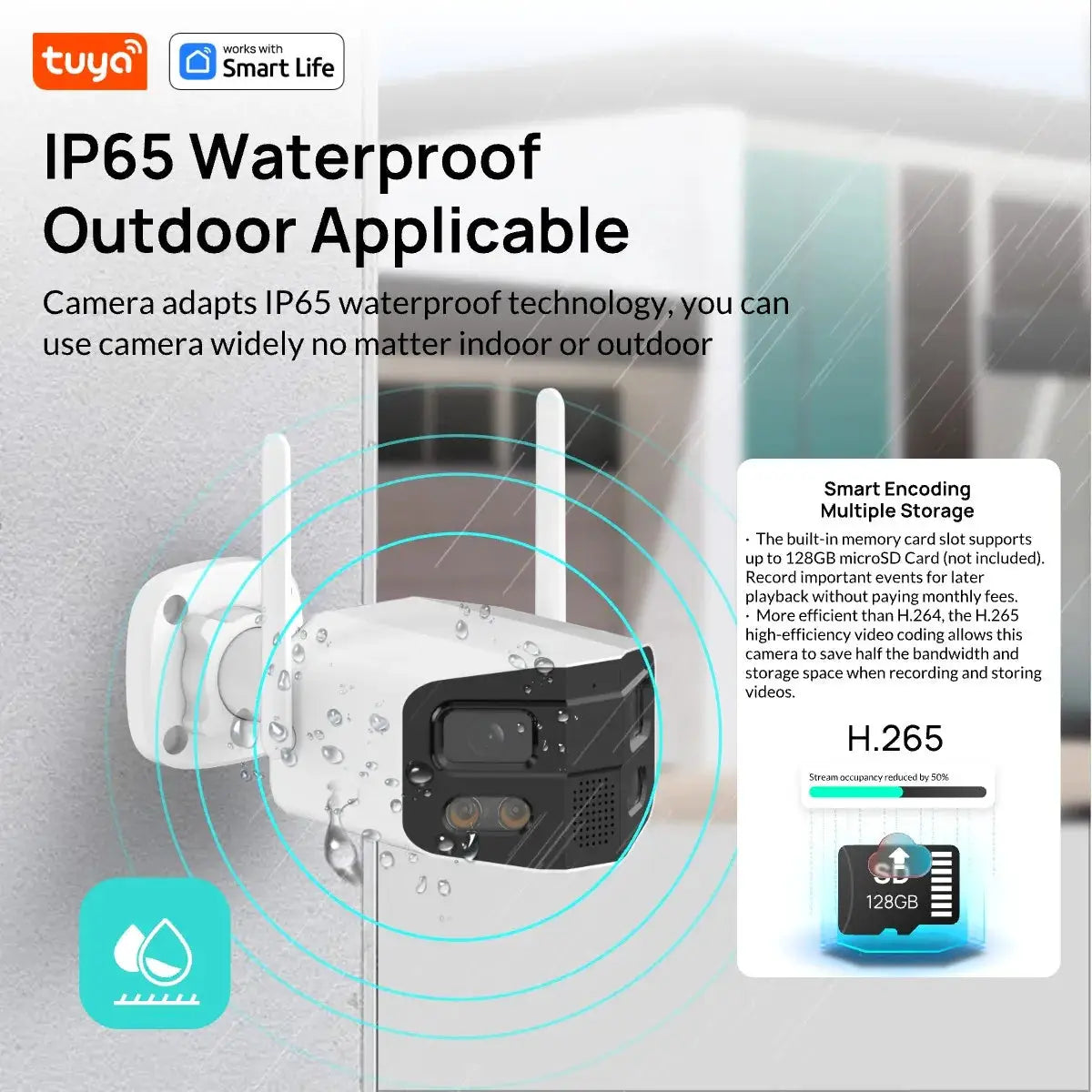 Tuya Smart 4MP 2.5K dual-lens outdoor security camera with IP65 waterproof housing