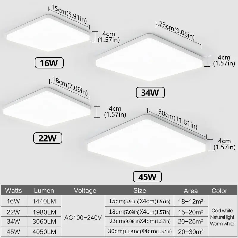 MARPOU square LED ceiling lamp set by Simples Market; four sizes (16W, 22W, 34W, 45W) in cold, natural, and warm white.