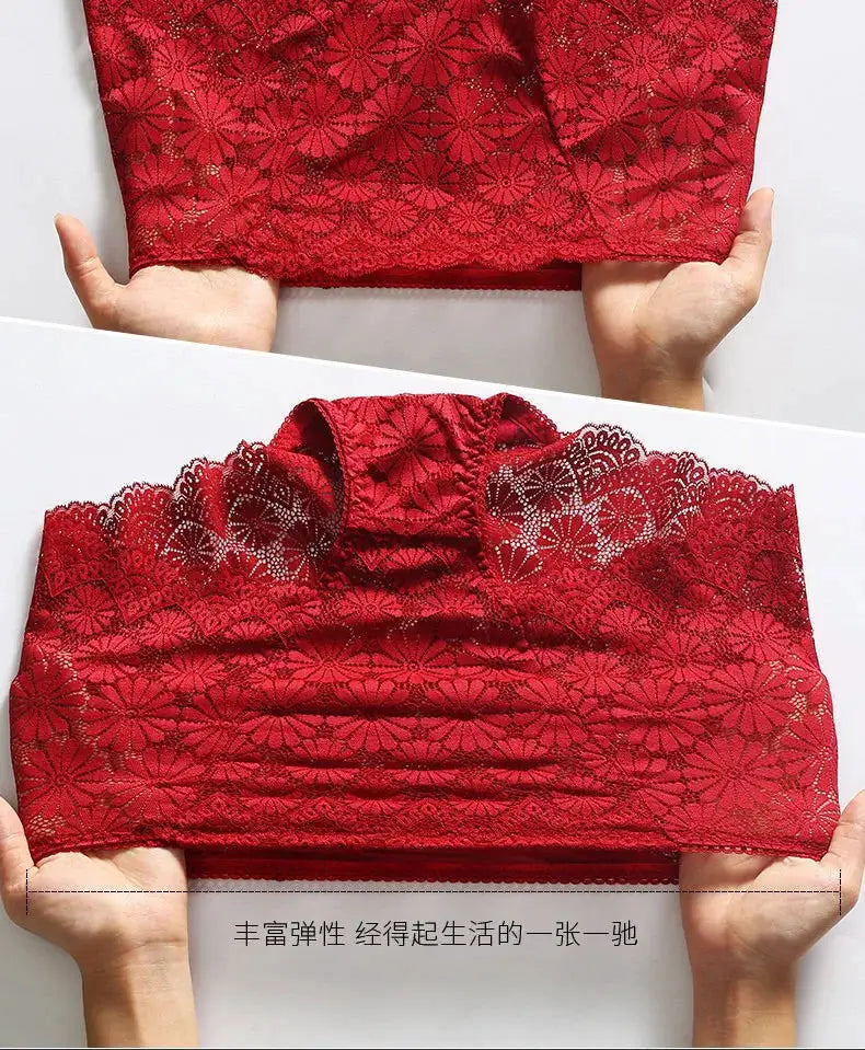Women’s red lace high-waisted plus-size underwear with floral hollow-out design
