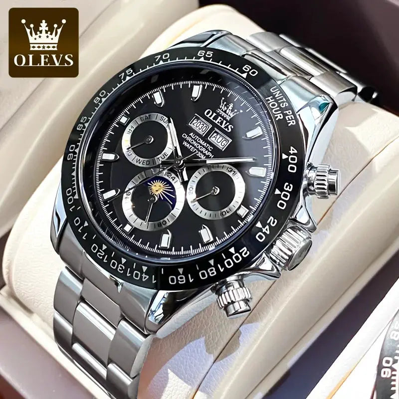Men's OLEVS stainless steel automatic chronograph watch with black dial