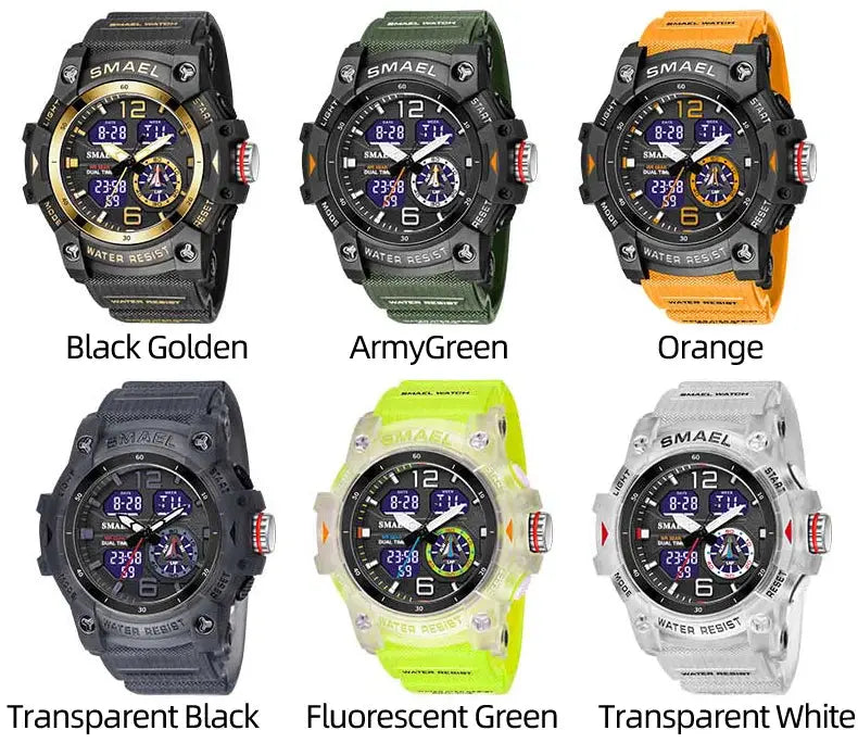 SMAEL military sport watch for men with digital-analog dial and LED backlight, shown in 9 color variants.