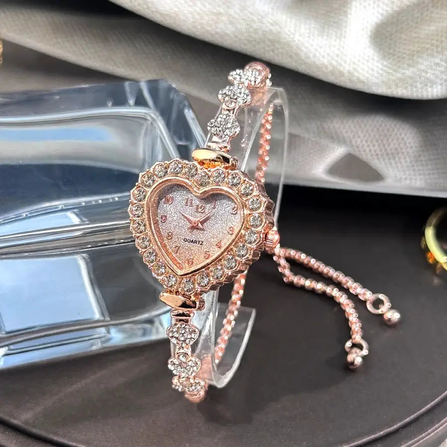 LuxeTime Heart Shaped Diamond Studded Flower Watch With Ribbon Strap Adjustable Bracelet For Women