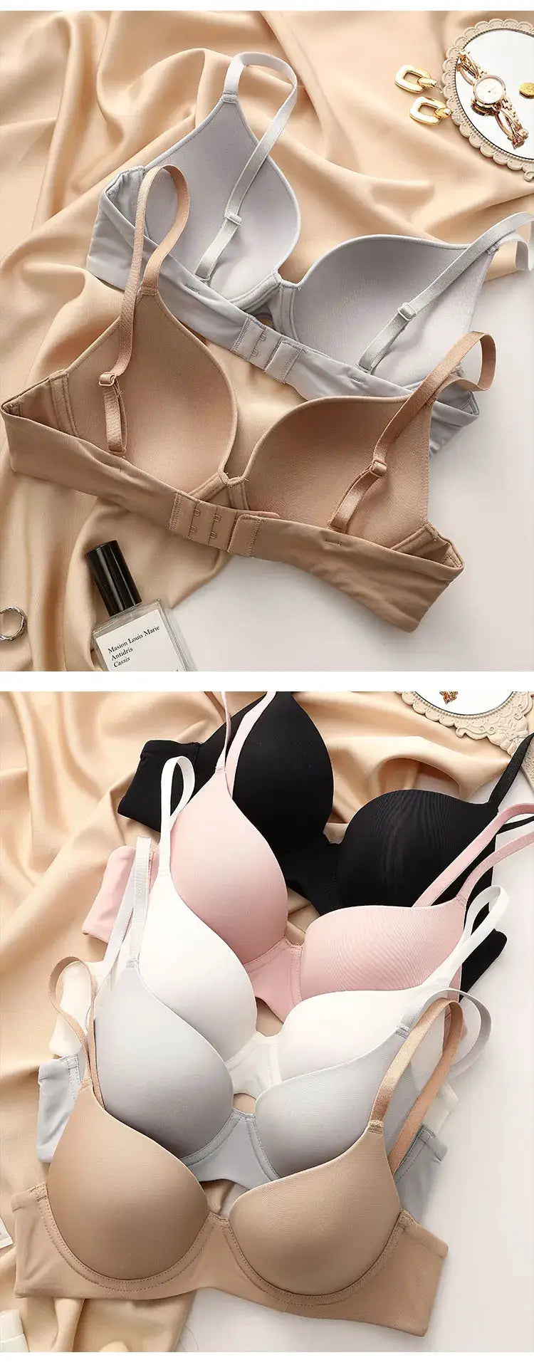 Plus-size seamless push-up bra set in nude, gray, white, pink, and black; adjustable straps