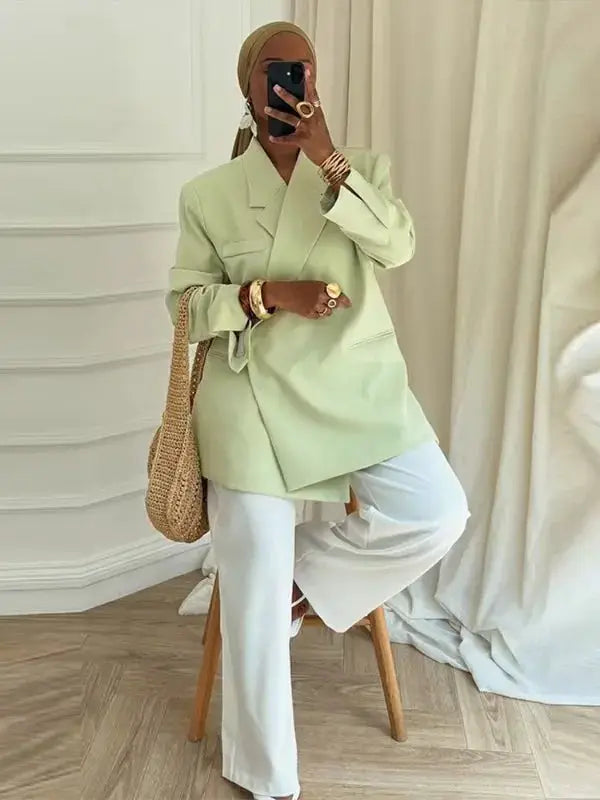 Mint green oversized blazer and white trousers two-piece set for ladies