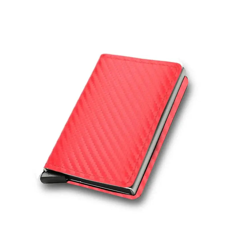 Anti Thief RFID card holder wallet in red carbon-fiber finish; slim minimalist cardholder.