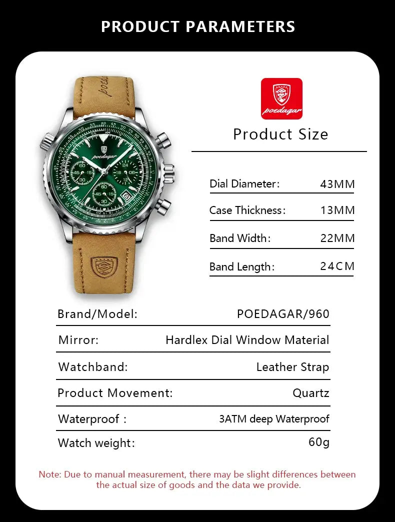 POEDAGAR men's wristwatch with green dial, stainless steel case, and tan leather strap.