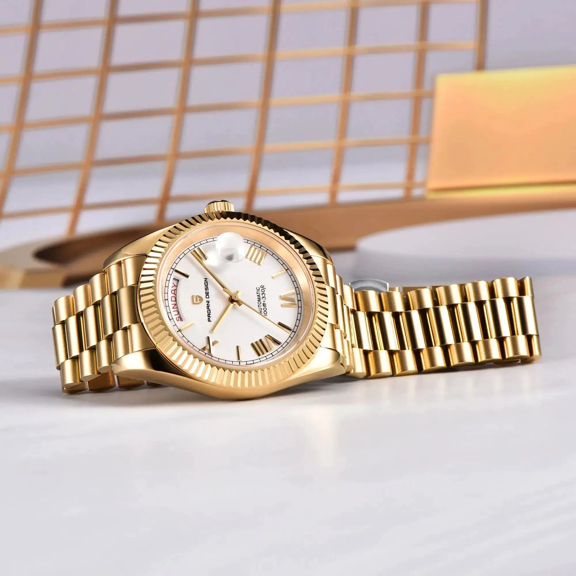 Pagani Design DD40 men's gold-tone automatic wristwatch with white dial and date display