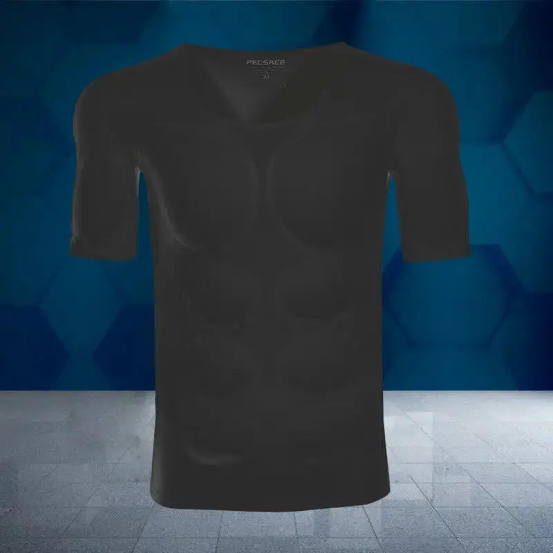 Simples Market men's body shaper undershirt with fake muscle padding, black, soft fabric.