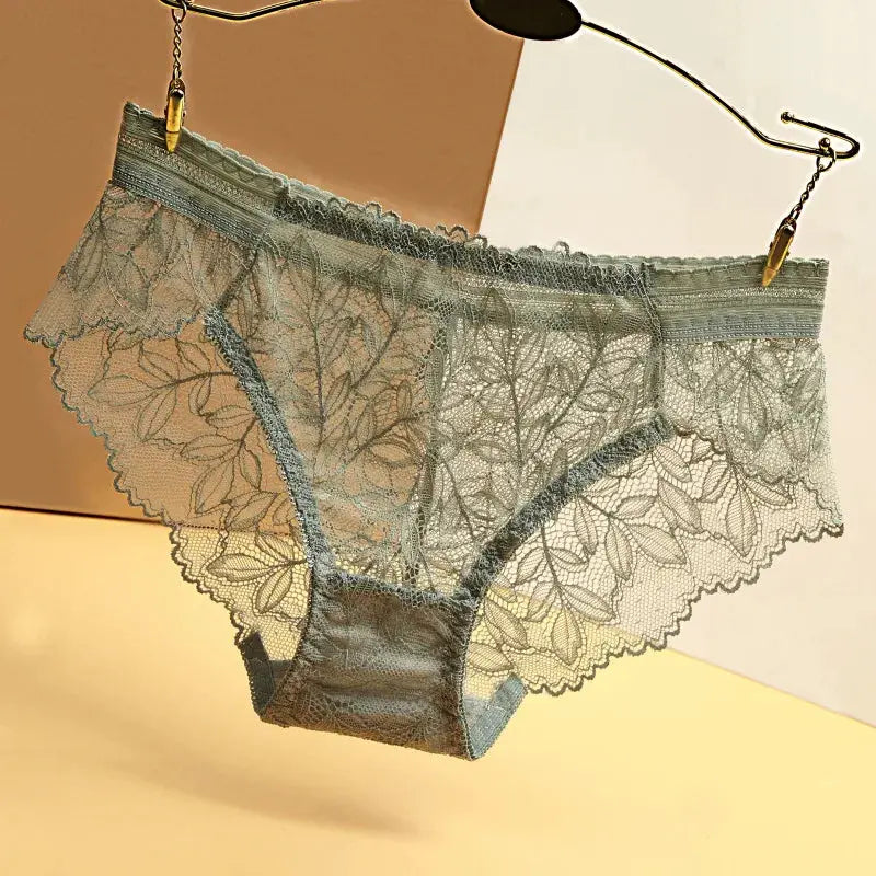 Women's lace panties, blue-green floral lace, low-rise briefs