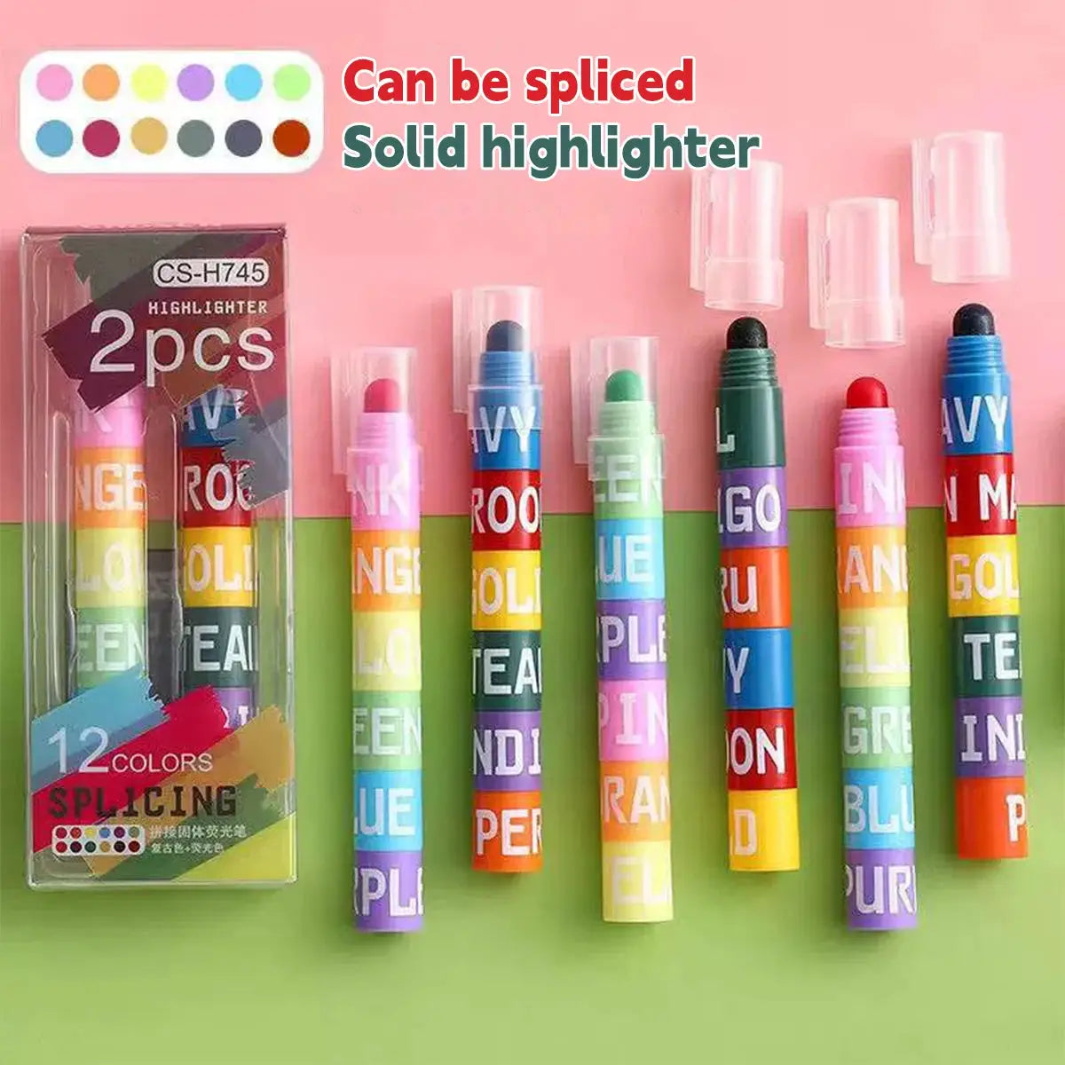 12-color splicing highlighter pen set by Simples Market; rainbow stacked barrels