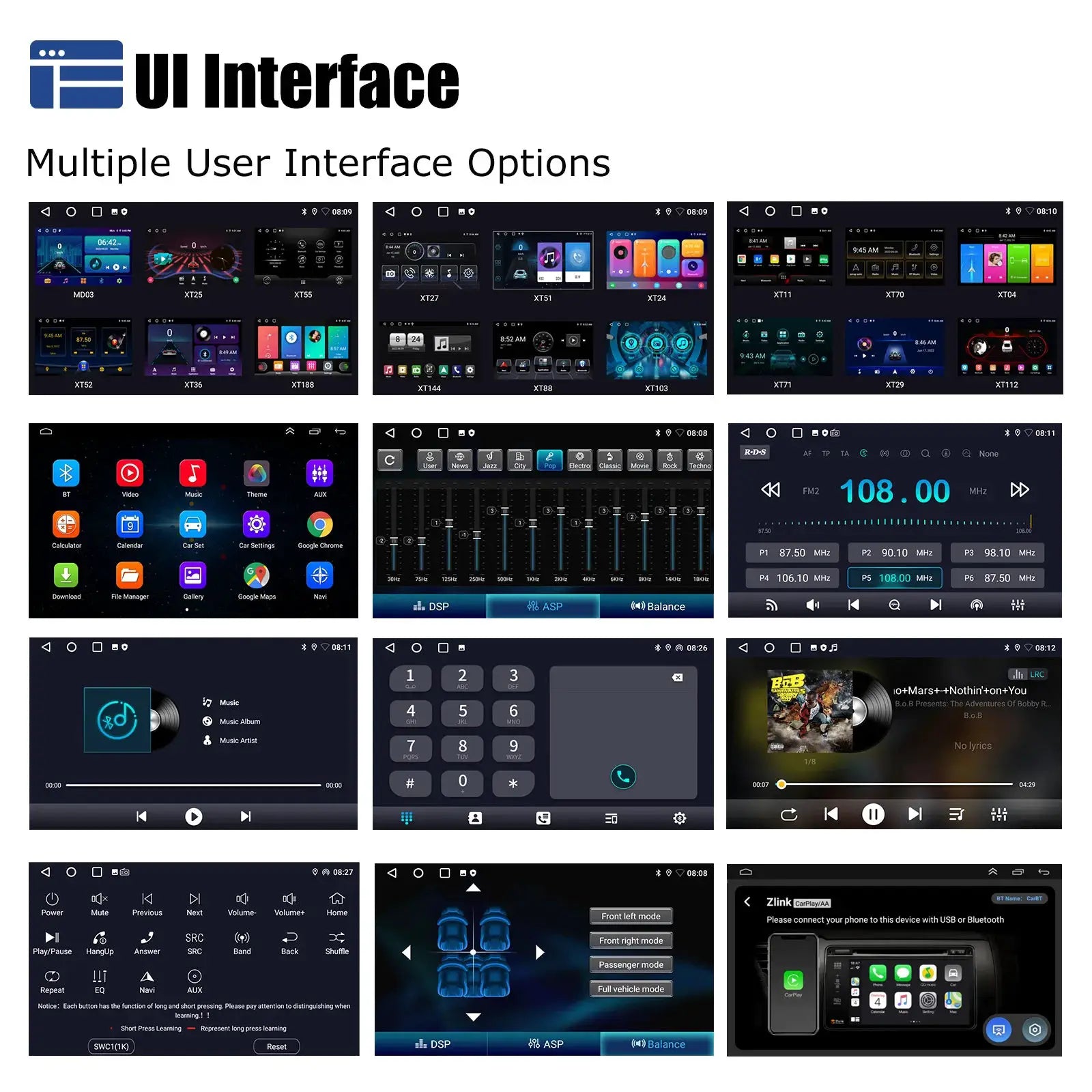 ESSGOO Android 15 wireless CarPlay car stereo collage by Simples Market showing multiple UI screens.