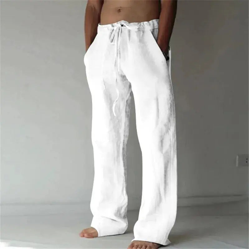 Men's white linen wide-leg pants with drawstring waist and front pockets, relaxed streetwear style for casual daily wear