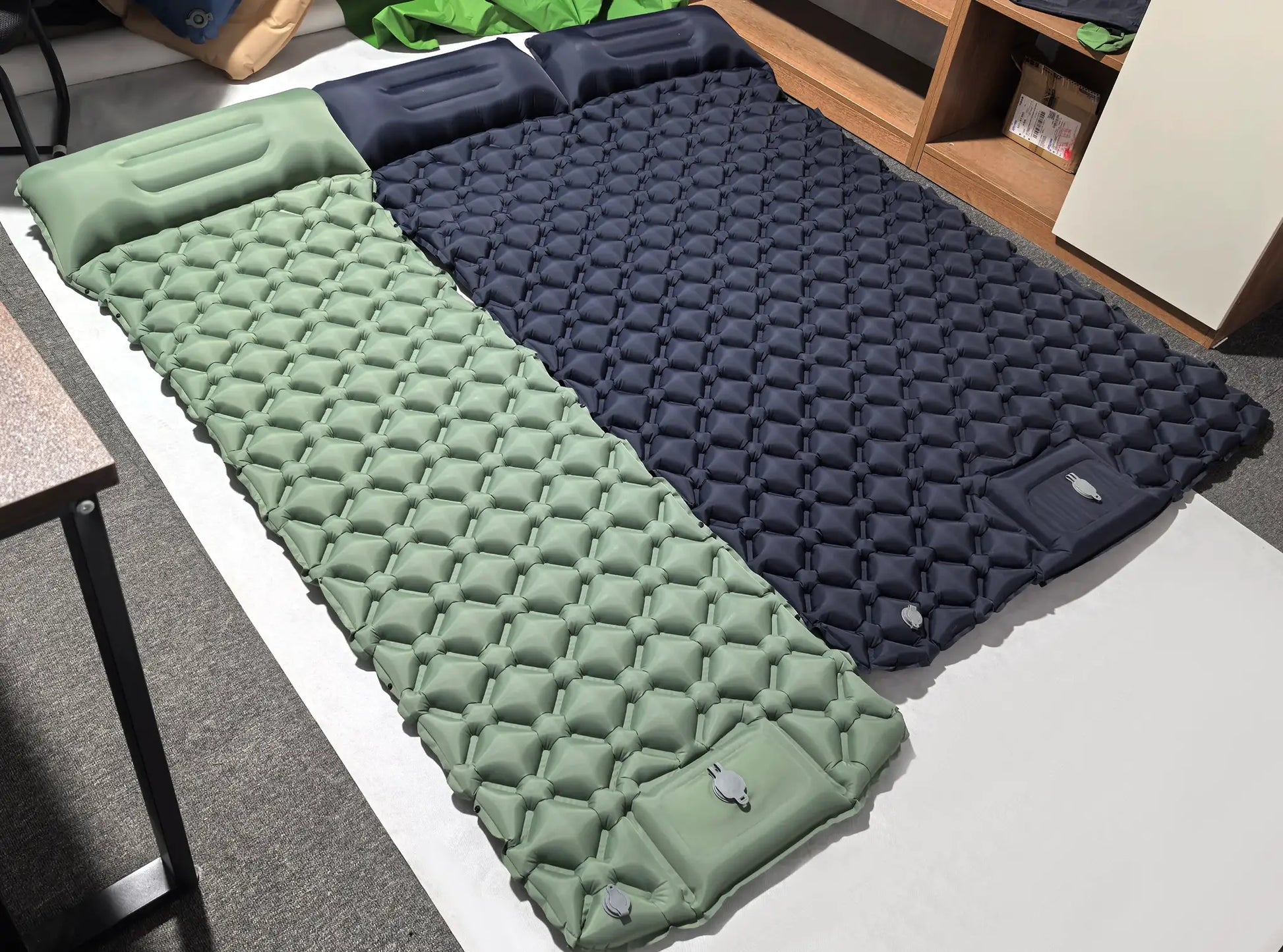 Double air mattress camping bed with built-in pump; olive green and navy, waterproof and portable