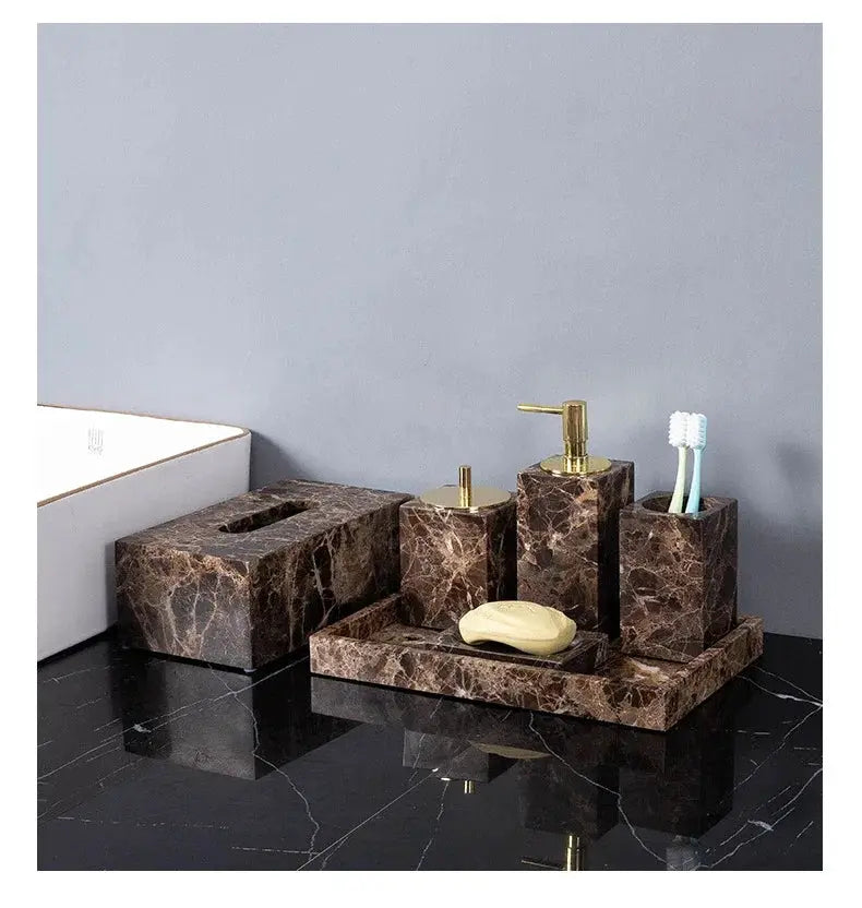 Simples Market Emperador Dark brown marble bathroom set with toothbrush holder, soap dispenser and soap dish on a tray