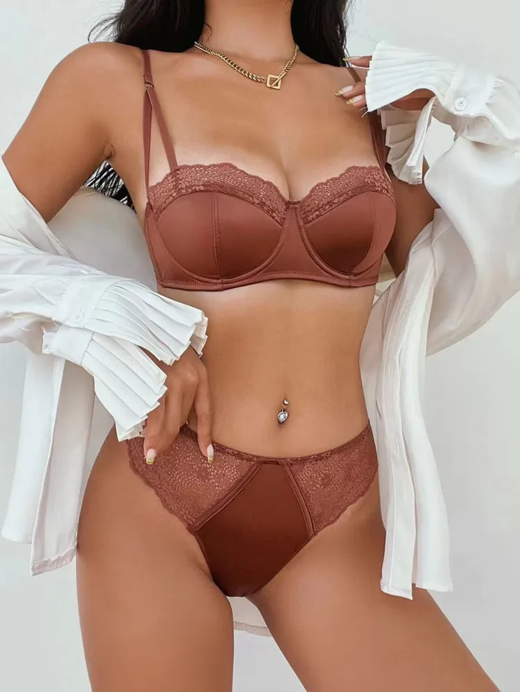 French Lace Embroidery Satin Push Up Bra Set Women Green Lingerie