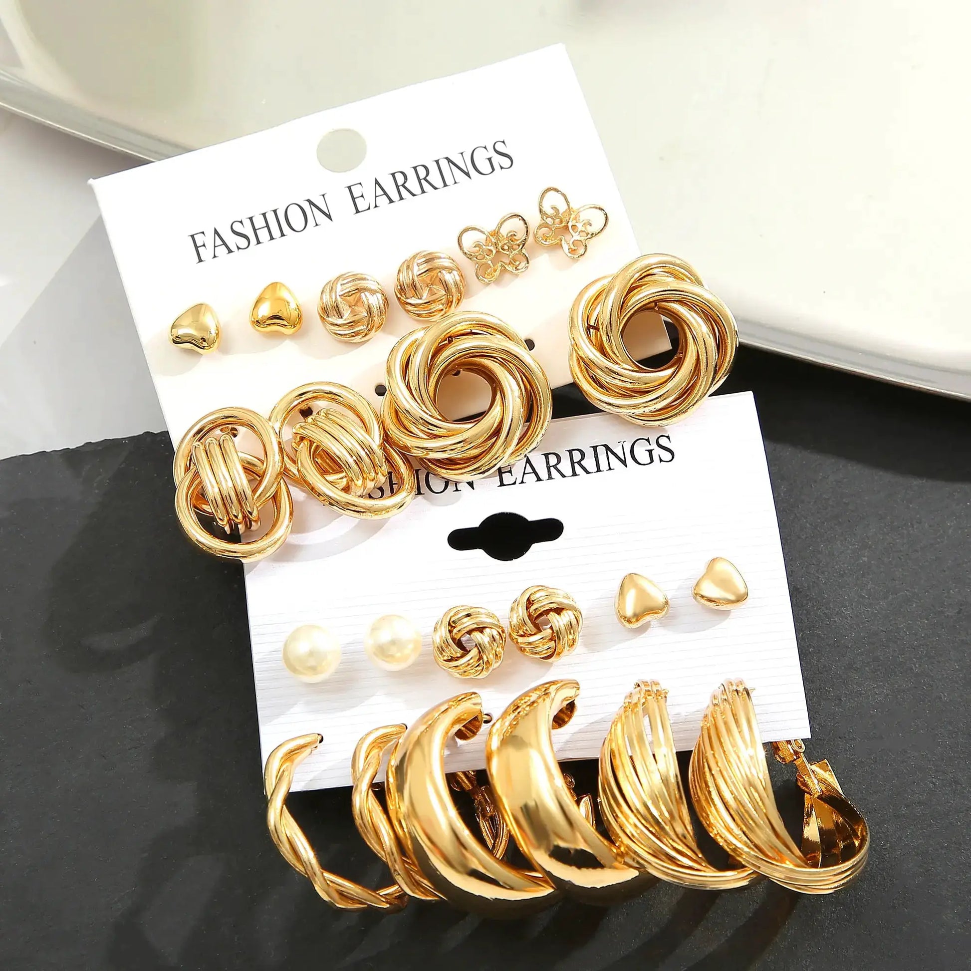 Earrings set gold-tone zinc alloy faux pearl rotation-geometry, 11 pairs for women