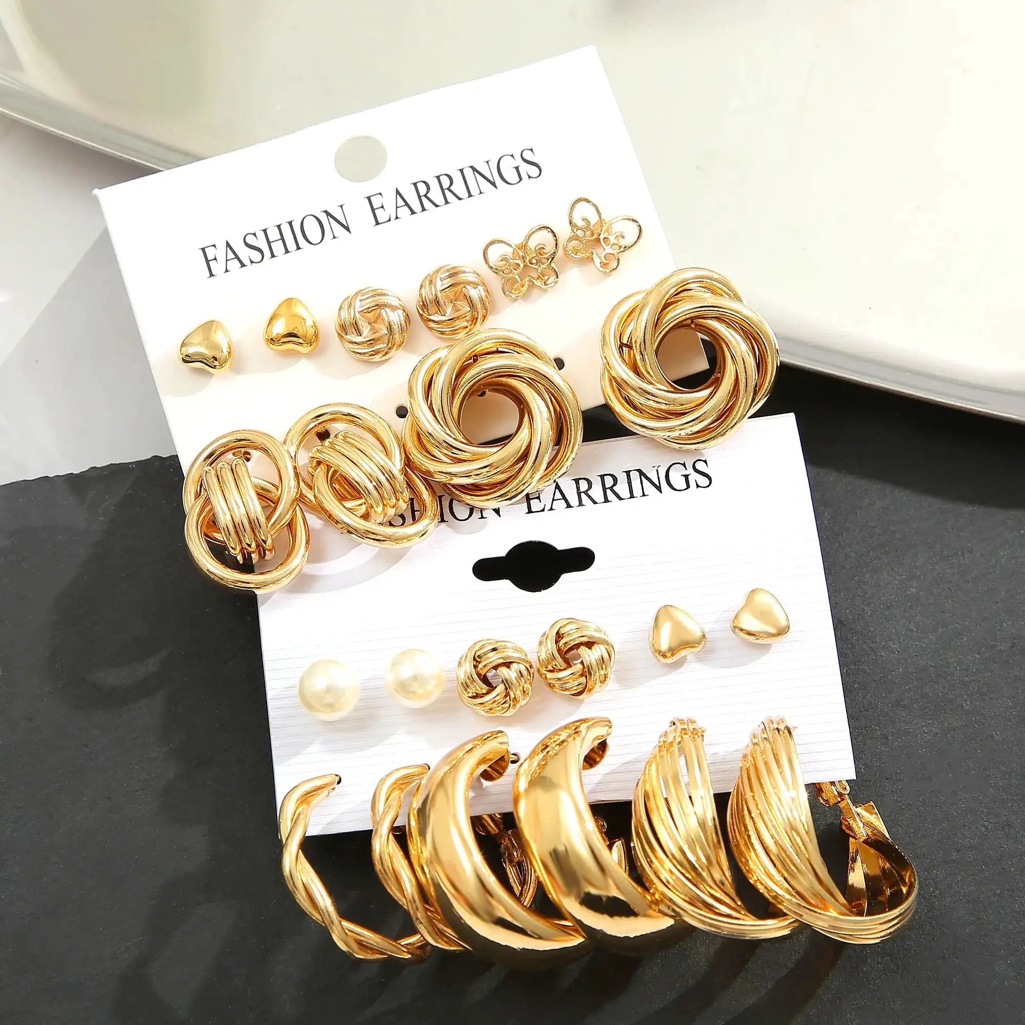 Earrings set gold-tone zinc alloy faux pearl rotation-geometry, 11 pairs for women