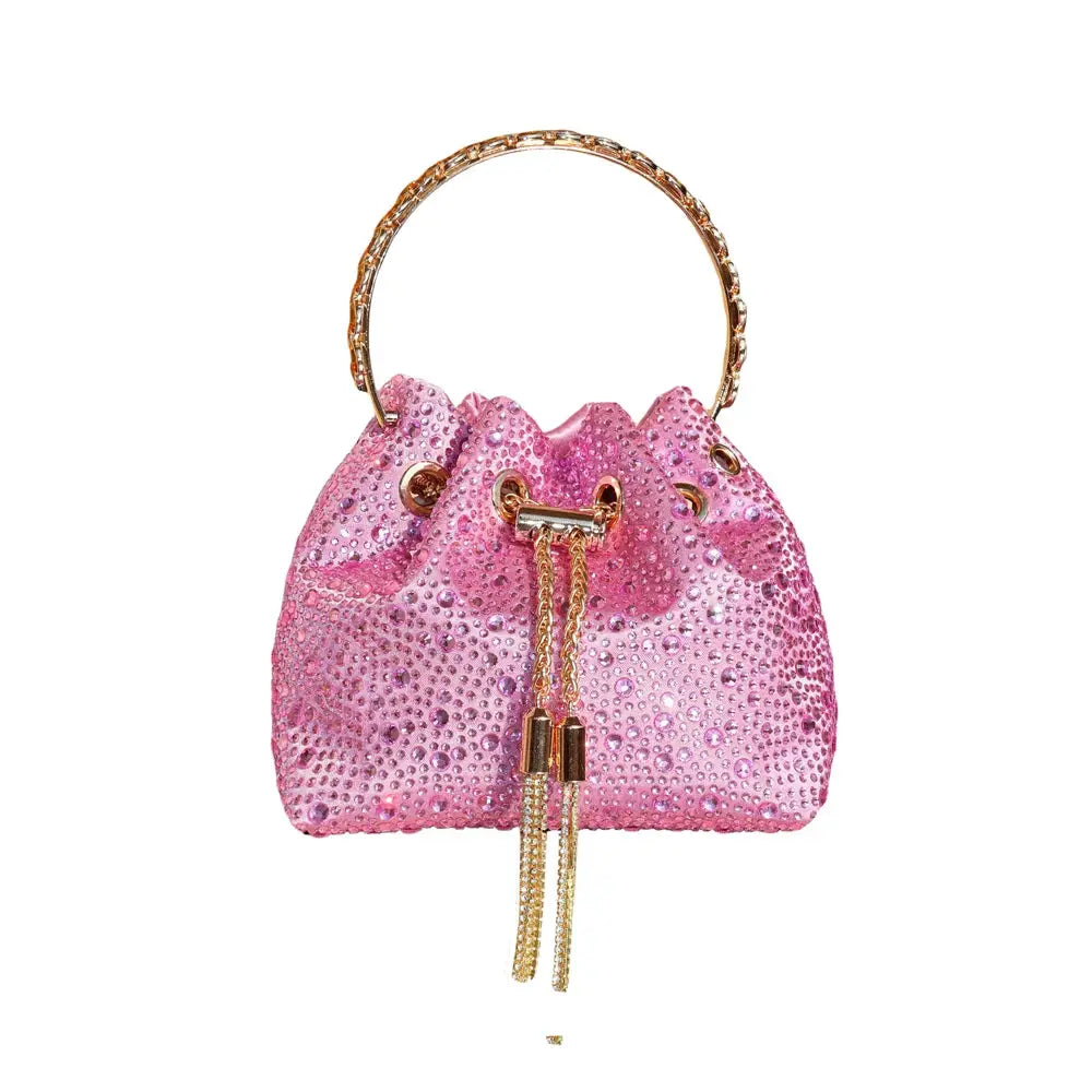 Simples Market pink rhinestone evening clutch bag with gold handle and tasselled drawstrings