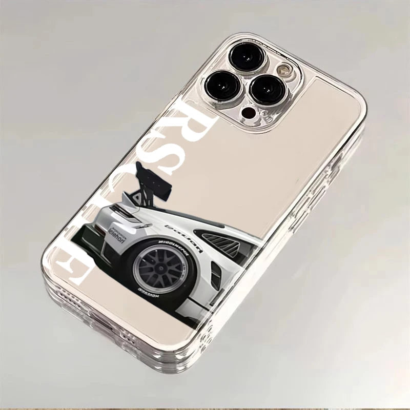Transparent sports car phone case for iPhone by Simples Market featuring a white racecar graphic.