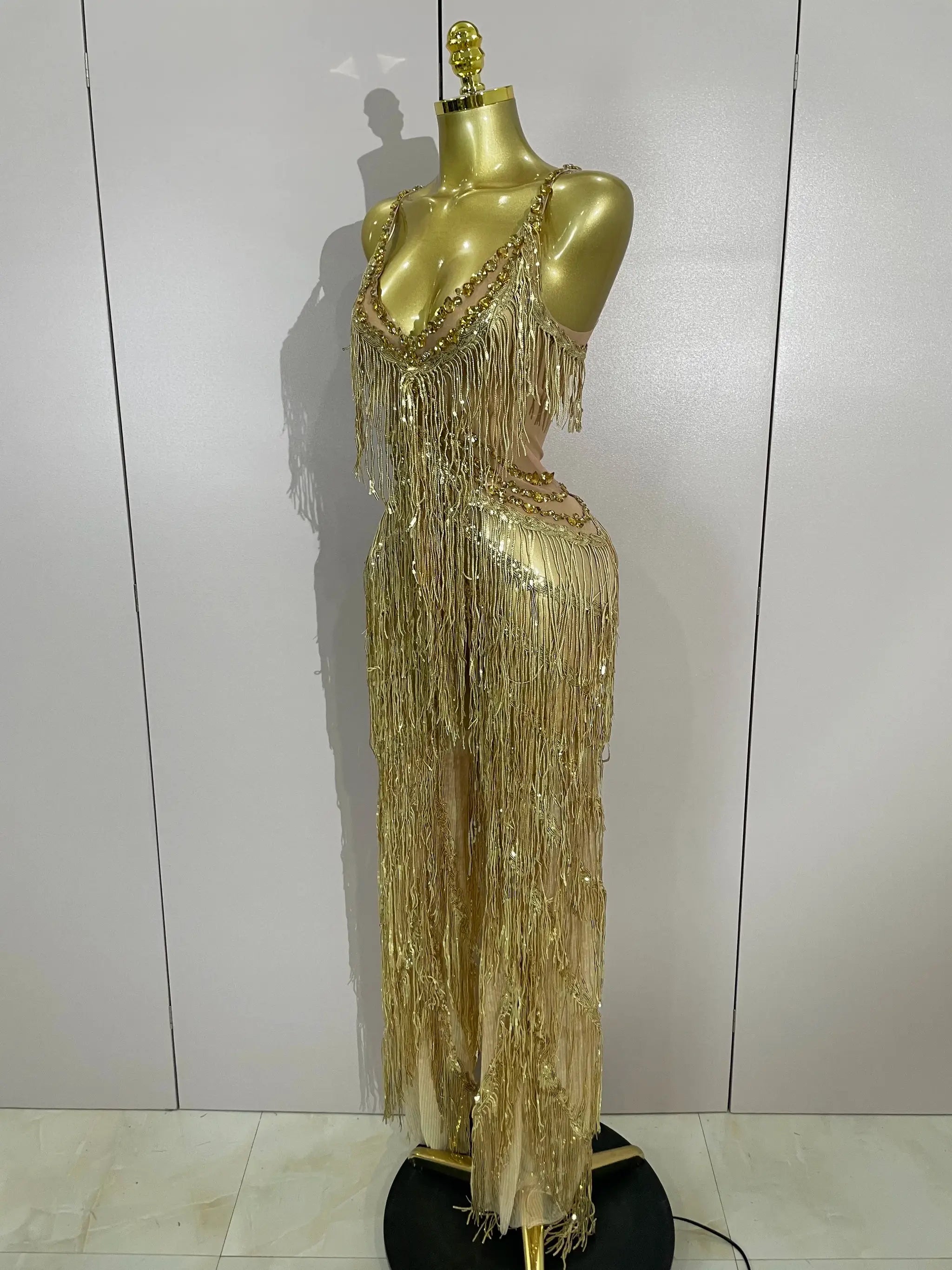 Simples Market gold rhinestone sequined fringe jumpsuit for stage performance